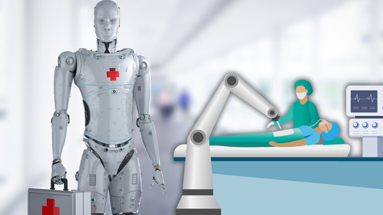 A robot doctor next to an operating theater with a robot arm performing medical work.